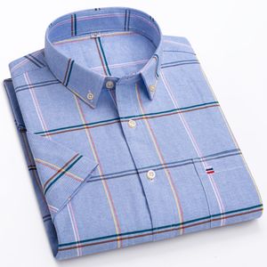 Erkekler Elbise Gömlek Erkekler Yaz Günlük Kısa Kollu% 100 Pamuklu İnce Oxford Gömlek Tek Yama Cep Standart Düğme Düğmesi Ekose Çizgili Gömlek 230809