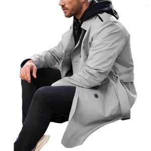 Erkek trençkotları cepler kemer erkekler ceket şık çift göğüslü uzun ceket ince fit yaka rüzgar kırıcı ile sonbahar/kış için