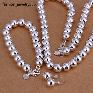 Bilezik Küpe Kolye S082 Fabrika Fiyatı 925 STERLING Gümüş Kaplama 10mm Dua Boncuklar Kolye Bilezik Küpe Moda Takı Set Düğün Hediyesi Kadın