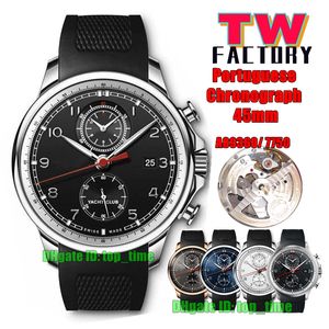 TW Fabrika Saatleri 45mm Paslanmaz Çelik 390204 Portekizce Kronograf Otomatik A89360 / 7750 Mens Siyah kadran kauçuk kayış beyler kol saatlerini izle