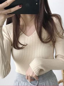 Kadın Sweaters Sweater Base Gömlek Sonbahar V yaka ince ince stil örgüler sıkı oturan uzun kollu kazaklar dişi giyim üstleri