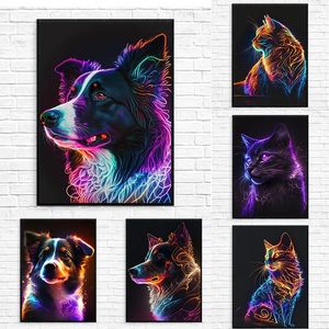 Neon lamba hayvan tuval boyama border collie morden posterler ve baskılar duvar sanatı dekor resim estetik hayvan oturma odası ev dekorasyon yok wo6