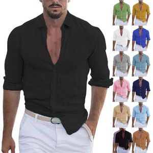 Erkek Tişörtleri Yaz Pamuk ve Keten Yakası Plaj Gömlek Uzun Kollu Katı Kıyafet Cep Romper Düz
