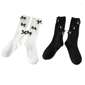 Kadın Sockks Kız Öğrenci Pamuk Diz Yüksek Harajuku Preppy Style Tatlı İnci Boncuklu Kolye Bowknot Buzağı Çorapları
