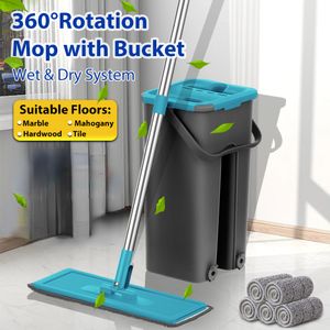 Mops Flat Squeeze Mop with Spin Bucket Hand Free Wringing Floor Cleaning Microfiber Pads Wet or Dry Usage on Hardwood Laminate 230810