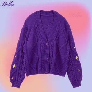 Women's Knits Tees Winter Tay Women Star Embroidered Cardigan Lor Knitted Sweater Swif T Beige Tops Fall S Style Now Purple 230810