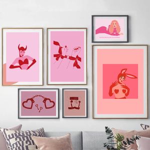 Sevimli kedi kız posterler itaatkâr ip tavşan pembe kız tuval boyama duvar sanatı basılı resimler oturma odası için kawaii yatak odası ev dekor yok wo6