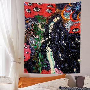 Tapestries Psychedelic Girl Tapestry Wall Hanging Botanical Floral Tapestry Hippie Eye Wall Carpets Dorm Decor Starry SkyCarpet 230812