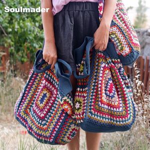 Akşam çantaları tığ işi boho şık büyükanne kare gran tote çanta bej mavi çizgili pazar çantası vintage stil hippi yaz plaj çantası toptan 230811