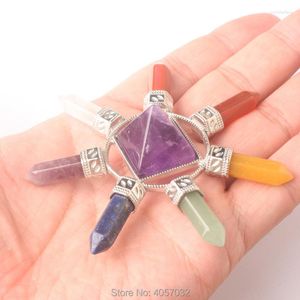 Colares pendentes Quartz de cristal de pedra natural 7 chakra hexágono prisma magia wand torre de energia reiki pendulum encantos de cura amuleta 1pc