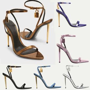 Padlock Embellished Stiletto sandals Metallic Leather Ankle-Strap Narrow band sandals Heels Evening Pointed shoes Women's heeled Luxury Designers sandals