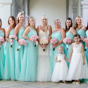 2023 Ucuz Nane Yeşil Nedime Elbiseleri Tül Tülbek Boyun Yular Kat Uzunluğu Dürüklü Piller Onur Elbise Hizmetçisi Bech Düğün Konuk Giyim
