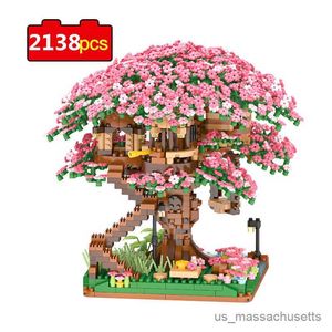 Bloklar Mini Sakura Tree House Build Block City Street View Cherry Blossom Model Yapı Blokları Diy oyuncakları Çocuk Oyuncak Hediye R230814