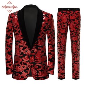 Мужские костюмы Blazers Luxury Velvet Sequin Shiny Suit Bants Men Shawl воротник одна пуговица свадьба 2 шт.