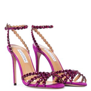 Aquazzura 10.5cm stiletto sandalet pompalar koyun ayak bileği kayışı kristal dekoratif parti akşam ayakkabıları kadın lüks tasarımcı yüksek topuklu ayakkabılar kutu ile