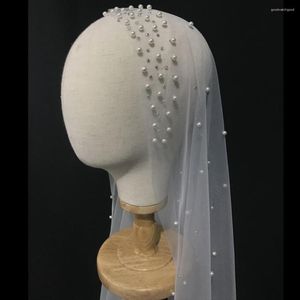 Véias de noivas 2m de comprimento pérolas véu de casamento Tulle 1t Partido de noiva elegante de miçangas sem pente