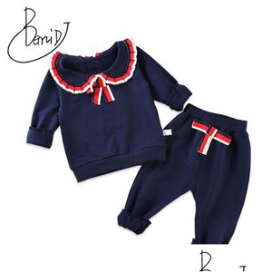 Giyim setleri sevimli kız bebek seti moda pamuk giymek uzun kollu takım elbise katlanır dantel 1-4y katı plover pantolon desen dağıtım materisi dhmei