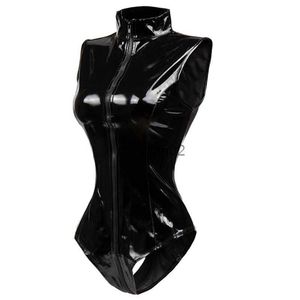 Kadın Tulumları Tulumcular Siyah Krotk Fermuarı Kolsuz Seksi Spandex Bodysuit Deri Lateks Catsuit Pvc Tulum Kadınlar Kısa Pu Bodysuit Clubwear HKD230814