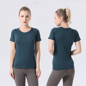 Yoga Wear Women's Fitness T-Shirt Üst Seksi Hızlı Kuru Dans Kemer Egzersiz Egzersiz Sabah Koşu Yuvarlak Boyun Kısa Kol Ts