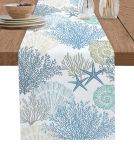 Table Runner Blue Marine Coral Shells Starfish Table Runner for Wedding Decoration Modern Party Home Decoration Tablecloth 230814