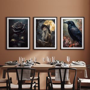 Resimler gül gotik Viktorya karanlık akademisi karga cadı cadı hayalet cadılar bayramı duvar sanatı tuval boyama posterleri baskı resimleri oturma odası dekor 230815
