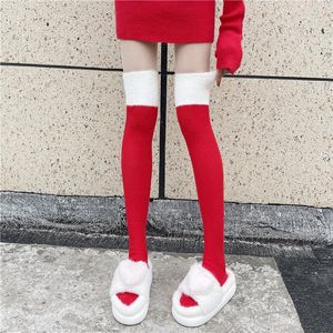 Kadınlar Çoraplar Noel Kırmızı Diz Üzerinde Kış Kış Kış Kalın Sıcak Peluş Patchwork Çorapları Saf Sevimli Uyluk