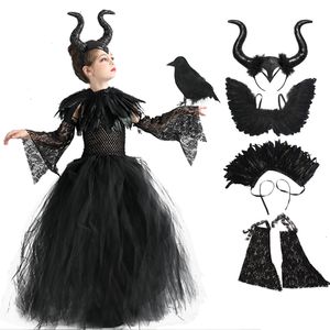 Девушка платья девочки Хэллоуин злой темная королева костюм роскошная черная лебедя детские бальные платья рубашка детская одежда косплей 230814