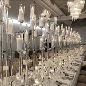 5 Arm Crystal Clear Acrylic Pillar Candle Holder Display Floor Candelabra for Party Wedding Centerpieces