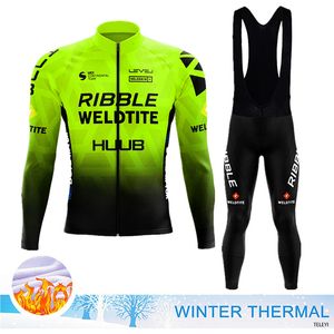 Bisiklet forması setleri floresan yeşil huub kış seti erkek termal polar uzun kollu yarış takım elbise giyim önlük pantolon 230814