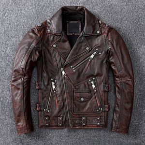 Men's Jackets Vintage Brown Motorcycle Leather Jacket Men Natural Genuine Cowhide Autumn Slim Fit Biker's Ooblique Zipper Coat 230814