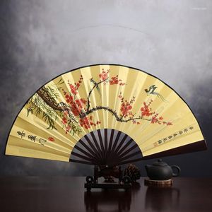 Dekoratif figürinler 8 inç sarı dip ipek kumaş fan tutamağı katlanır doğal alan Çinli erkekler büyük bambu parti el hayranları