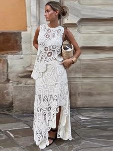 İki parçalı elbise tığ işi asimetrik kadın elbise seti şık o boyun kolu kolu kısa astar etek takım elbise moda peri tatlı kıyafetler 230815