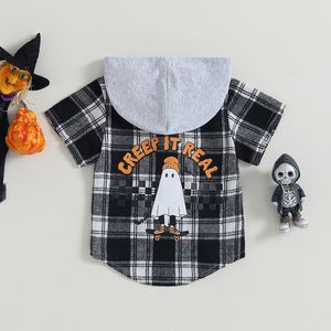 Hoodies Sweatshirts FOCUSNORM 0 4Y Toddler Kids Boys T Shirts Short Sleeve Letters Plaid Ghost Print Single Breasted Halloween Tops 230815