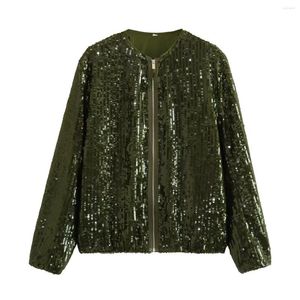 Kadın Ceketleri Koyu Yeşil Pullu Ceket Kadın Şık Moda Parlak Bombacı Yüksek Sokak Kat Üstü Kadın 2023