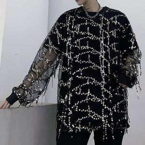 Erkek Tişörtleri Vintage Gece Kulübü Siyah Beyaz Parlak Gömlek Adam 2024 See-Through Sequins Uzun Kollu Gevşek Tees Erkek Sokak Giyim