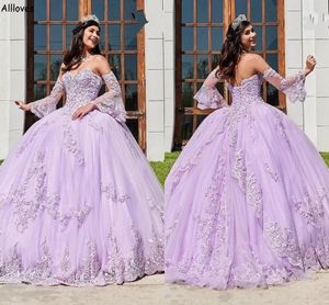 Güzel mor tatlım quinceanera elbiseler resmi prenses parti balo elbiseleri uzun parlama kolları ile aplike edilmiş zarif dantel artı boyutu tatlı 15 balo elbisesi cl2721