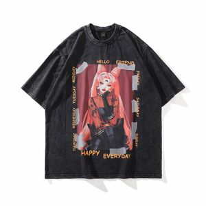 Japon Bölümü Anime Vintage Yıkanmış Streetwer Büyük Boy Hip-Pop Karikatür Erkek Gömlek Yüksek Kaliteli Yaz Moda Nedensel T-Shirt