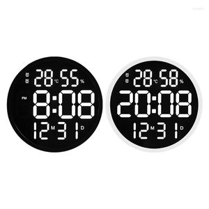 Simple Design LED Round Wall Clock, Digital Display with Temperature and Humidity, Date and Alarm, for Living Room, Home Decor