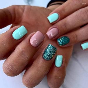 False Nails Short Ballet Nail Bright Light Blue Green Gold Foil Glitter Powder Easy To Wear Full Cover Finished Fake Art Glue DIY