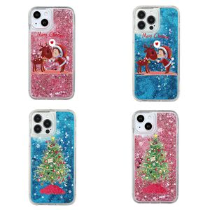 İPhone 15 14 için Xmas Quicksand ve Kılıflar 13 12 Pro Max 11 XS XR X 8 7 6 Noel Baba Mutlu Noel Ağacı Kar Geyiği Sert PC TPU Sıvı Bling Renkli Cep Telefonu Arka Kapak