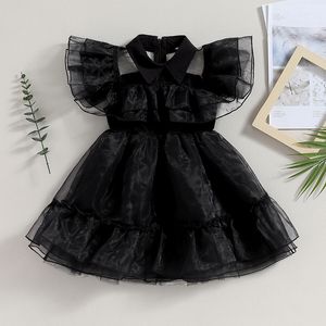 Cosplay Children Girls Halloween Costume Fashion Simple Black Flying Sleeve Turn Down Collar Mesh Princess Dress Casual Kids Clothes 230817
