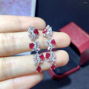 Dangle Küpeler Kadın Gümüş 925 Ear Stud Fire Ruby Doğal Düğün Taş Sterling Sertifikalı Takı