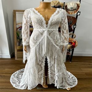 Celtic Crochet Dantel Boho Gelinlik 2023 Uzun Kollu Artı Boy Boyut Boyu Bohem Gelin Elbise Şık Peri Kore Gelin Gowns Vestido de Novia Robe de Mariee