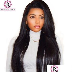 İnsan saç perukları% 250 Yoğunluk Dantel Siyah Kadınlar için Düz Önceden Kapanılmış Brezilyalı Peruk Fl Sonları Rosa Kraliçesi Remy Damla Teslimat Dhyld