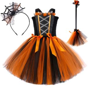 Cosplay Siyah Turuncu Cadı Kostümleri Kızlar Çocuklar Karnaval Cadılar Bayramı Süslü Elbise Örümcek Tutu Kıyafet Sihirli Süpürge Yay Çocuk Giysileri 230817