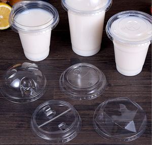 98 mm Crystal Clear Pet Plastik Plastik Düz Kapaklar 12,16.2024 oz Milkshake ve Buzlu Kahve Bardakları için Saman Yuvalı
