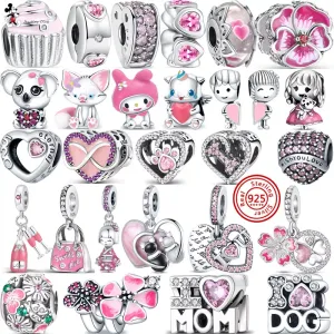 925 Silver Fit Pandora Charm 925 Bracelet Pink Series Flowers Butterfly Paw Print Heart Mom Forever Love charms For pandora charm 925 silver beads charms