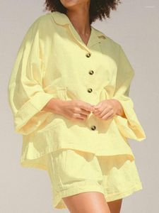 Pijama amarelo de roupas de dormir feminina para mulheres de 2 peças de 2 peças de manga comprida algodão fêmea feminina com shorts de verão casual