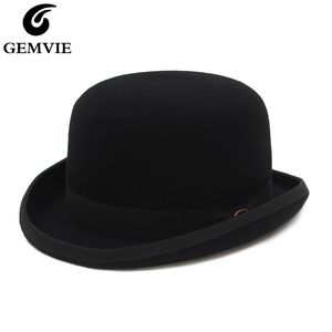 Geniş Kötü Şapkalar Kova Gemvie 4 Renk% 100 Yün Keçi Derby Bowler Şapkası Erkekler için Saten Kapalı Moda Partisi Resmi Fedora Kostüm Sihirbaz 230821