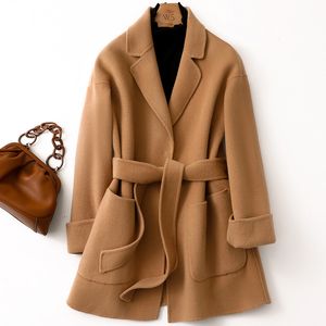 Womens Wool Blends Camel Double sided Cashmere Coat Short Small High end 100 Pure 230818